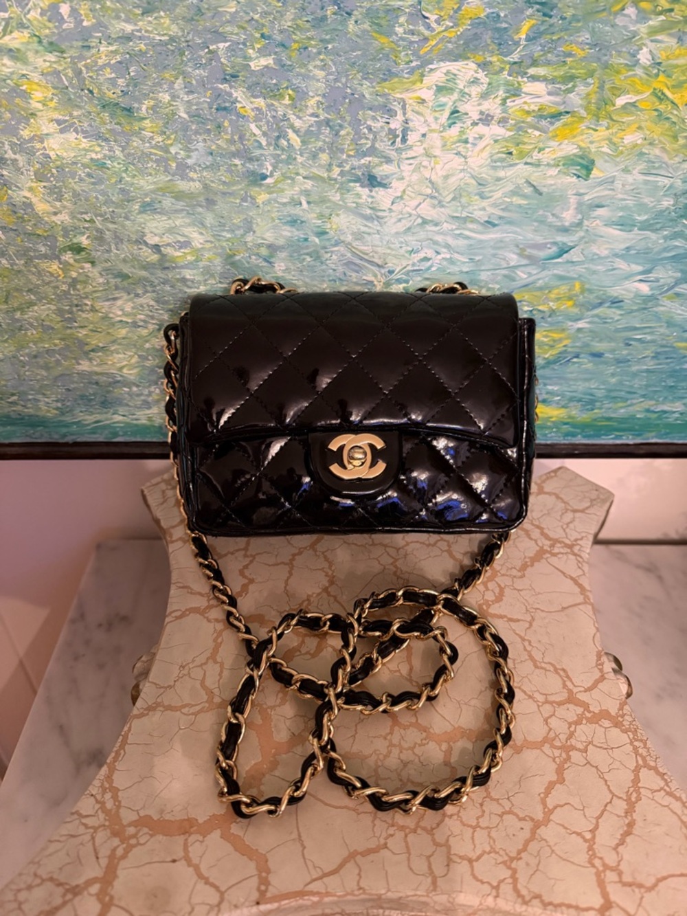 CHANEL Vintage Black Quilted Patent Mini Crossbody with Gold Hardware